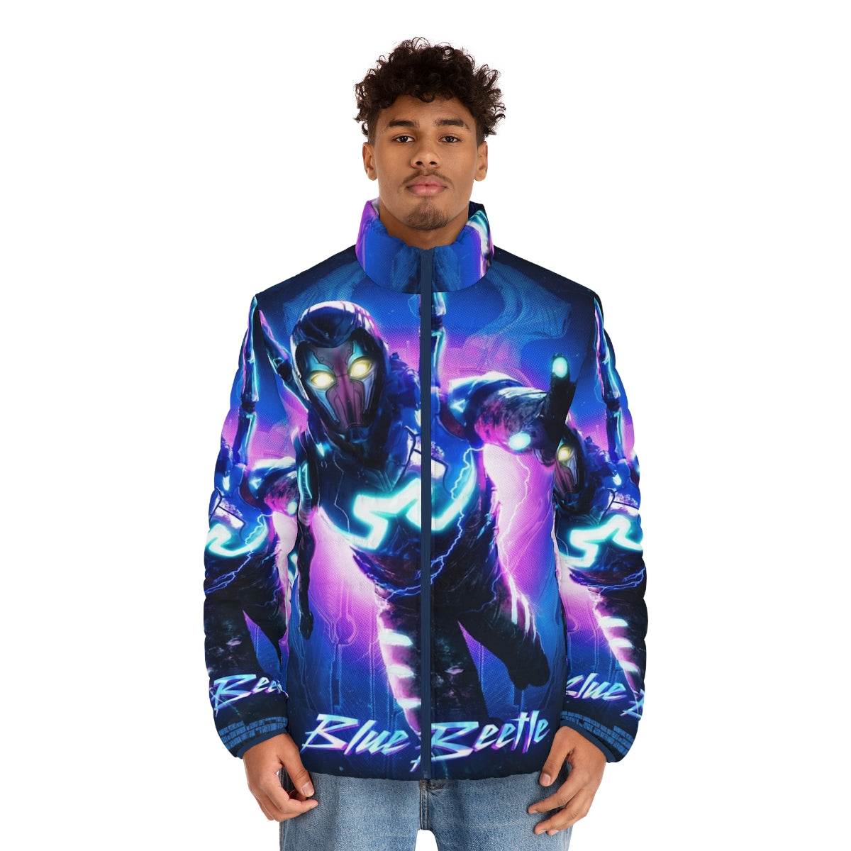 Blue Beetle Puffer Jacket featuring Jaime Reyes and the iconic Blue Beetle - men front