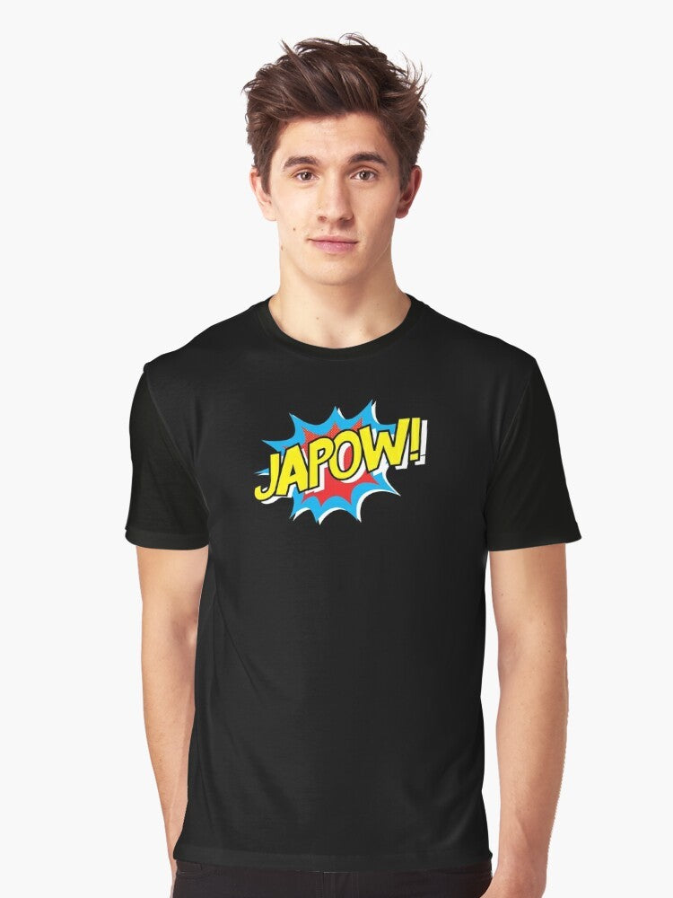 Japow graphic t-shirt featuring a powder snow and mountain design with Japanese elements - Men