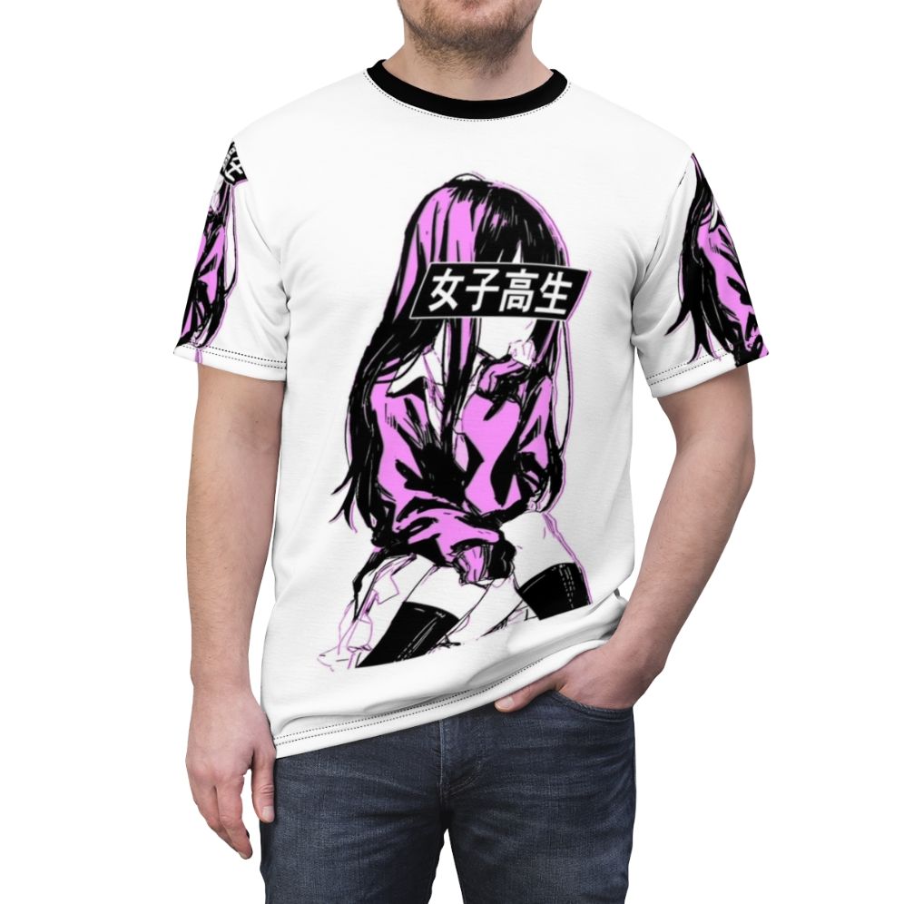 Vibrant, colorful t-shirt featuring an anime-inspired schoolgirl aesthetic design with sad, emotional elements. - men front