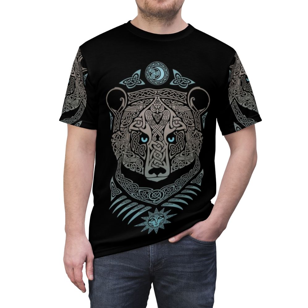 Mystical forest lord tribal t-shirt with Scandinavian mythology-inspired design featuring bears, owls, ravens, and Celtic knotwork - men front