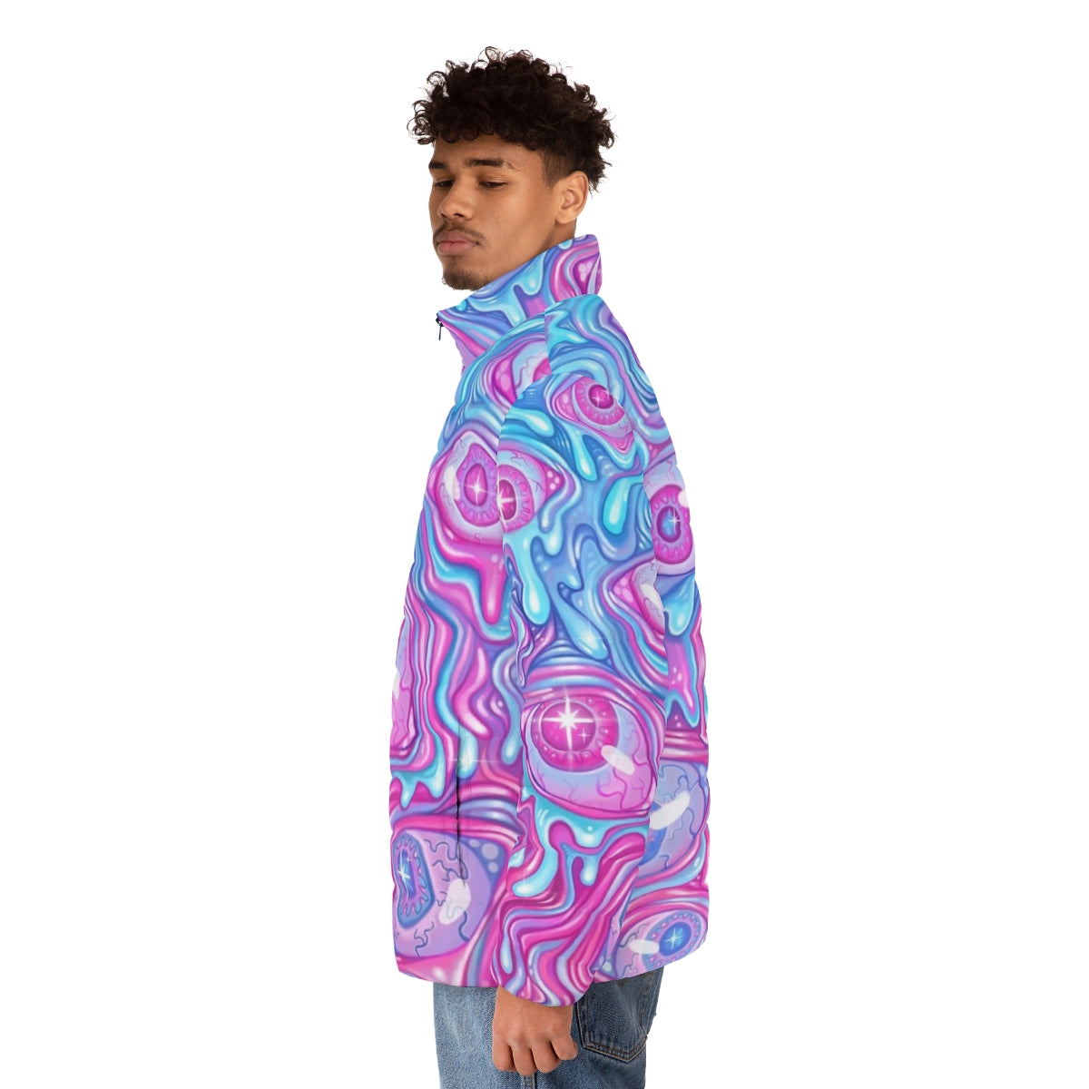 Colorful puffer jacket with a vibrant eyeball pattern design - men side left