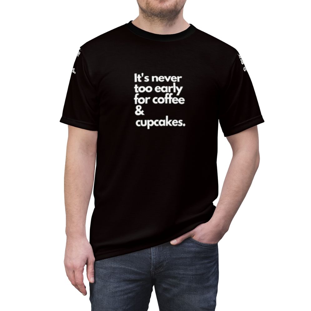 AOP T-shirt featuring a design for coffee and cupcake lovers - men front