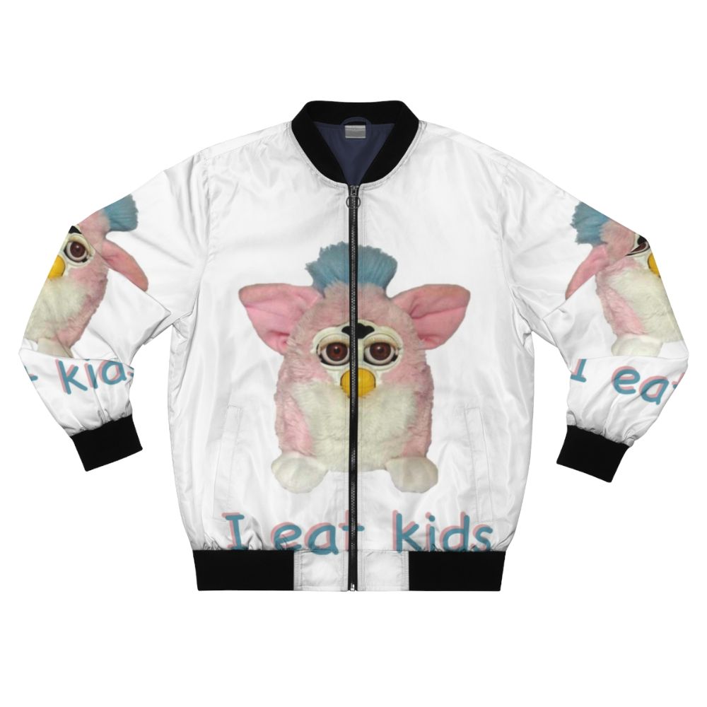 Cursed Furby design on a black bomber jacket