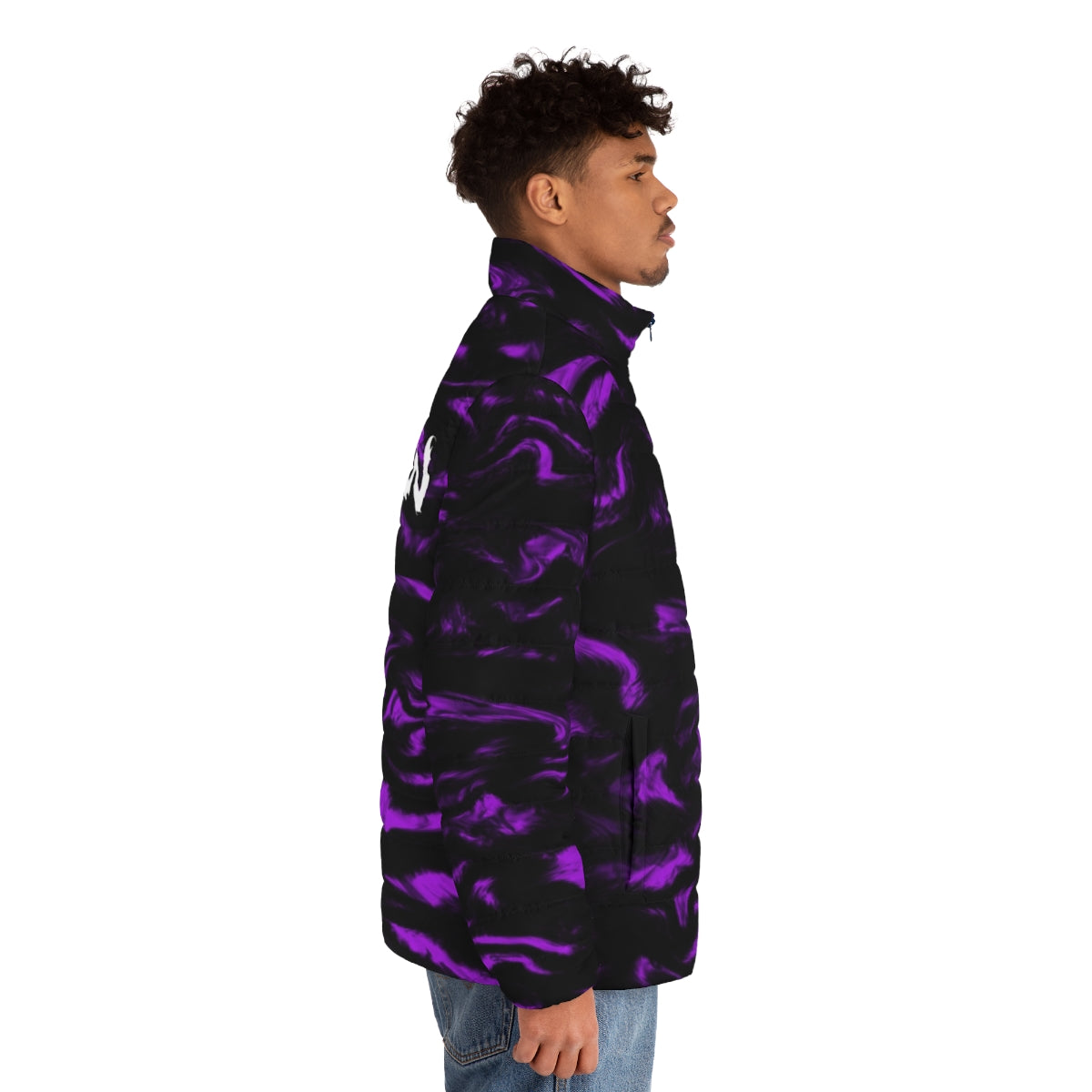 Motionless In White Puffer Jacket featuring the band's logo and purple/black color scheme - men side right