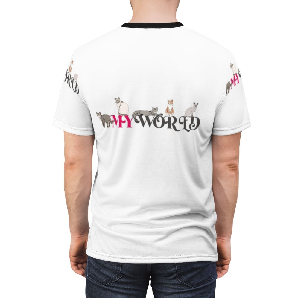 Vibrant all-over-print t-shirt featuring a collage of cute world-themed elements - men back