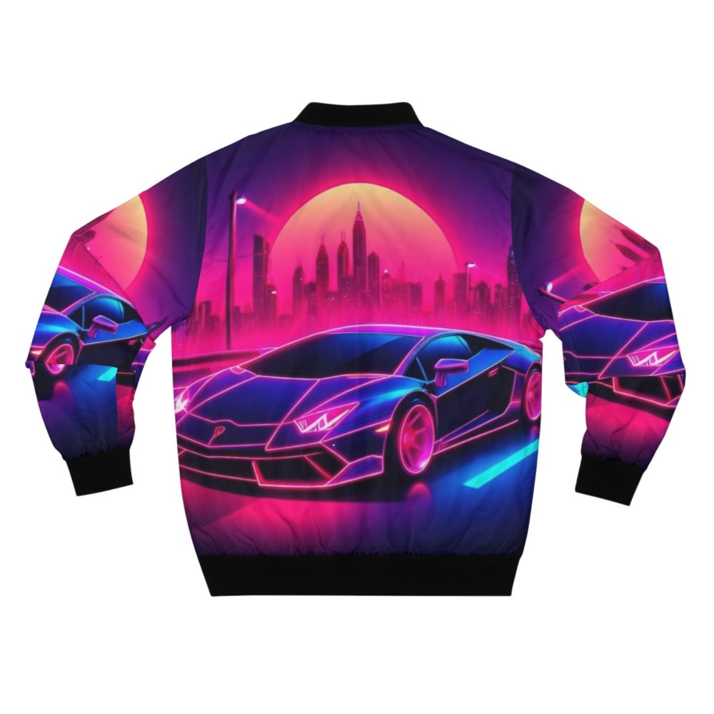 Retro synthwave bomber jacket with neon car and sunset design - Back