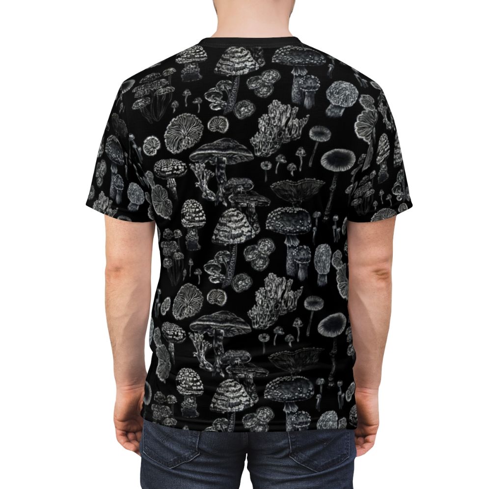 Monochrome t-shirt featuring a nature-inspired mycology design with mushrooms, fungi, and botanical elements in a sketch-like style. - men back