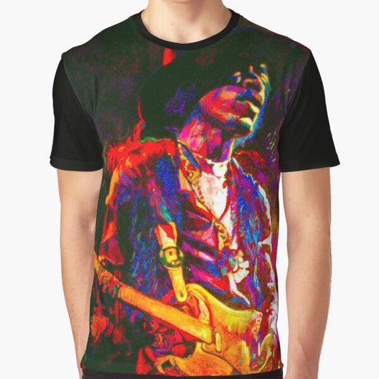 A rock and roll-inspired graphic t-shirt featuring an electric guitar design