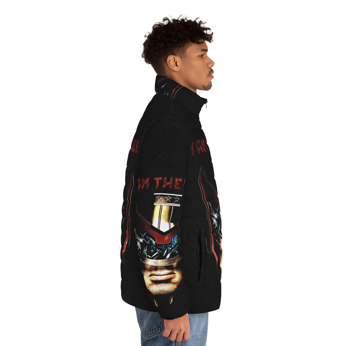 Futuristic "I Am The Law" puffer jacket with dystopian law enforcement design - men side right