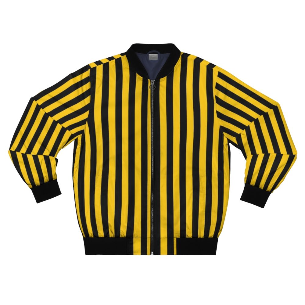 Yellow and black striped bomber jacket with a stylish and fashionable design