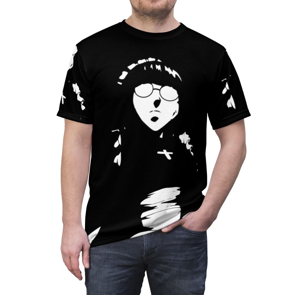 A black and white minimalist t-shirt design featuring Roberta from the anime/manga series Black Lagoon. - men front