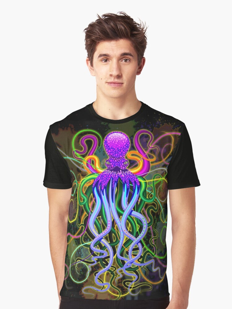 Colorful and psychedelic design featuring an octopus with luminescent tentacles against a surreal background. - Men