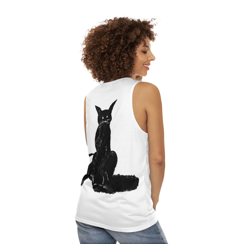 Dark cat graphic on a unisex tank top - women back