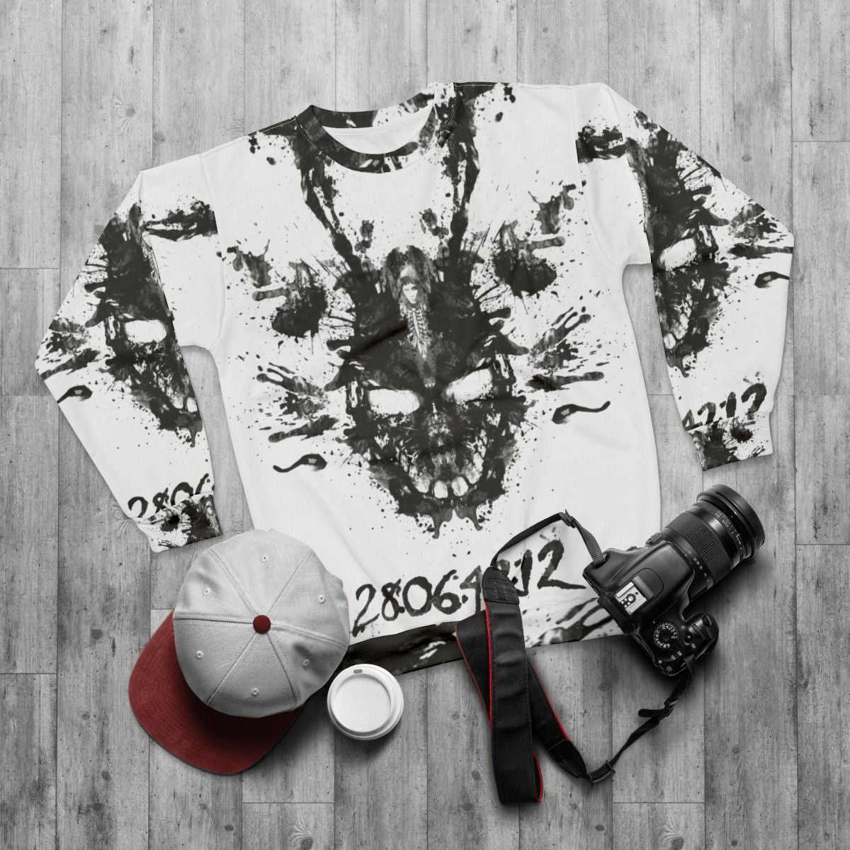 Donnie Darko inspired sweatshirt with imaginary inkblot graphic design - flat lay