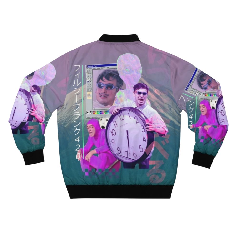 Vibrant vaporwave-style bomber jacket featuring Filthy Frank and the number 420 - Back