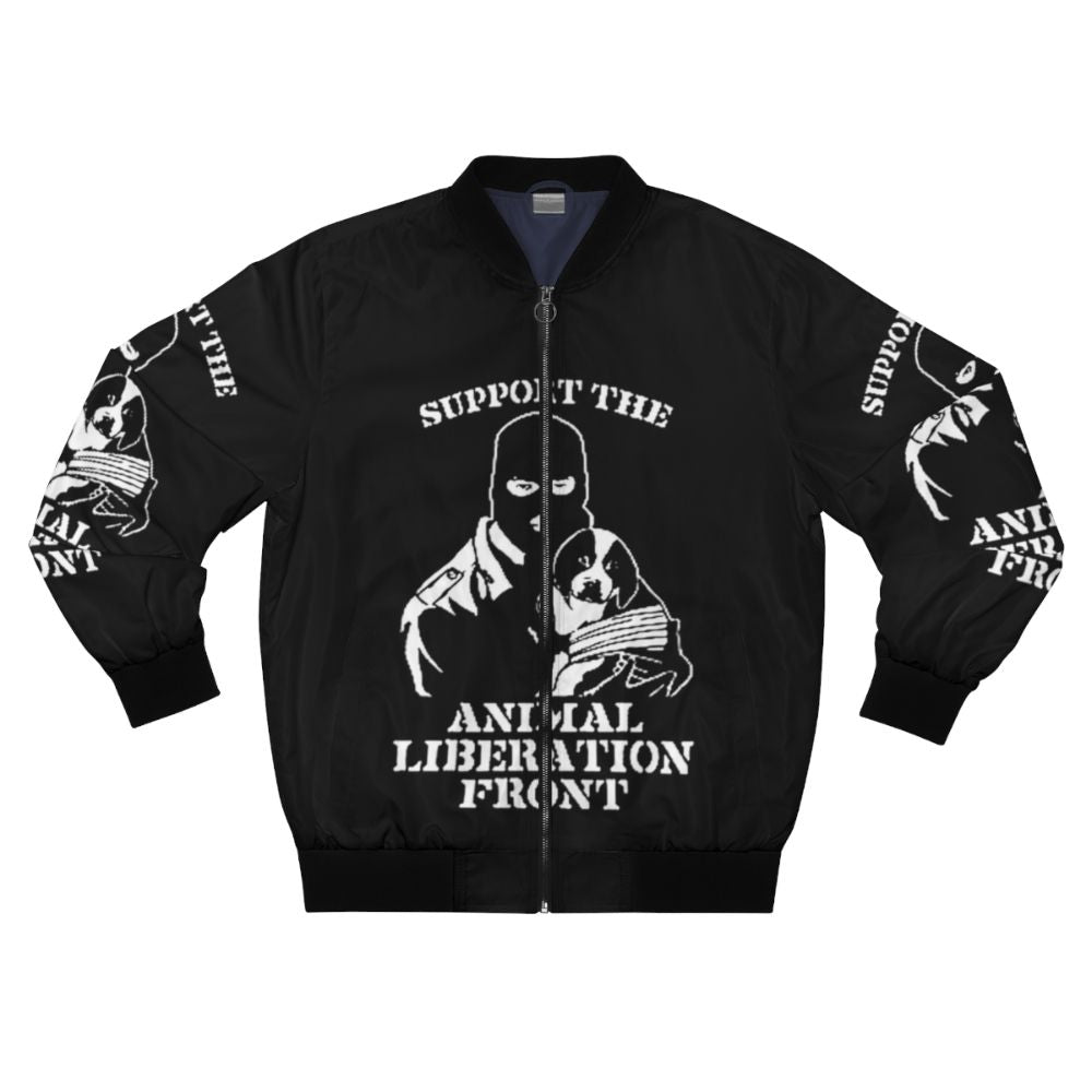 "Animal Liberation" vegan bomber jacket with animal rights graphic