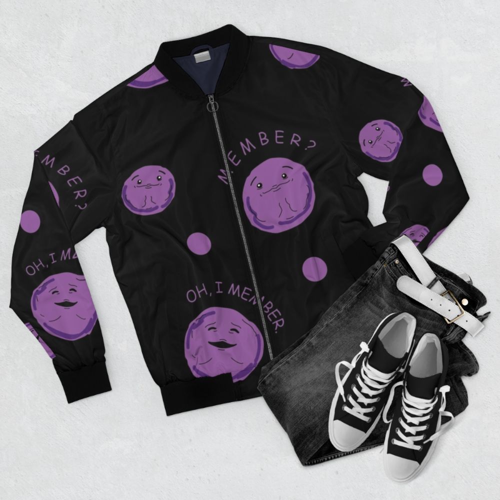 Memberberries Bomber Jacket, a stylish and colorful fan-art piece inspired by the popular South Park meme - Flat lay