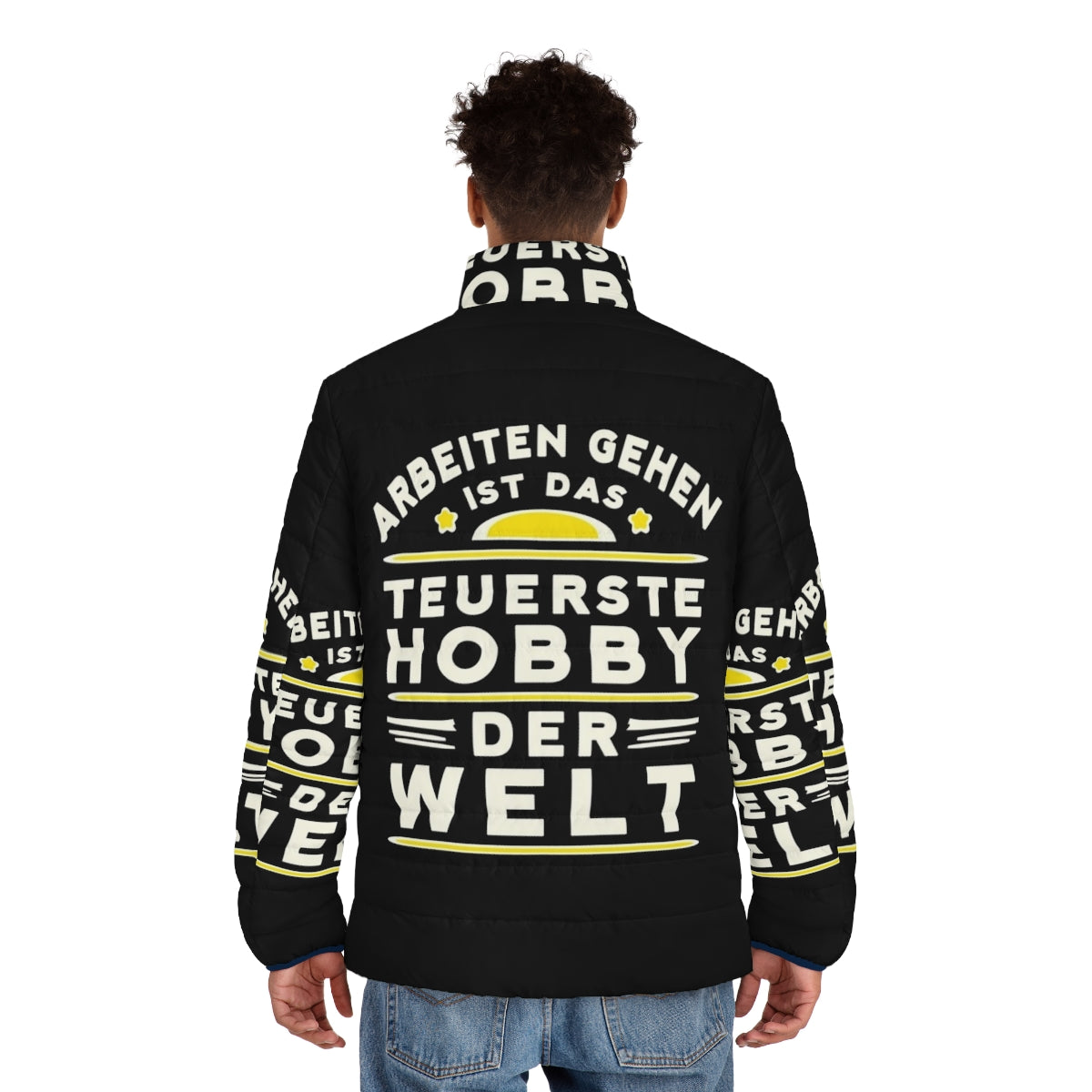 Hobbies puffer jacket with conspiracy and politics themed design - men back