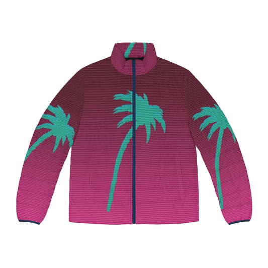 Hotline Miami-inspired puffer jacket with palmtree design, perfect for vaporwave and 80s video game fans