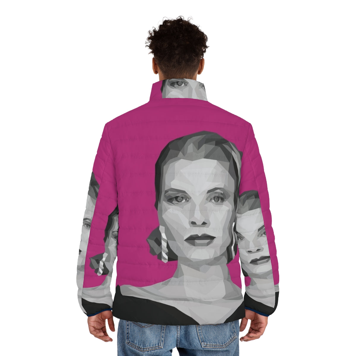 Geometric pink puffer jacket inspired by the classic style of Grace Kelly - men back