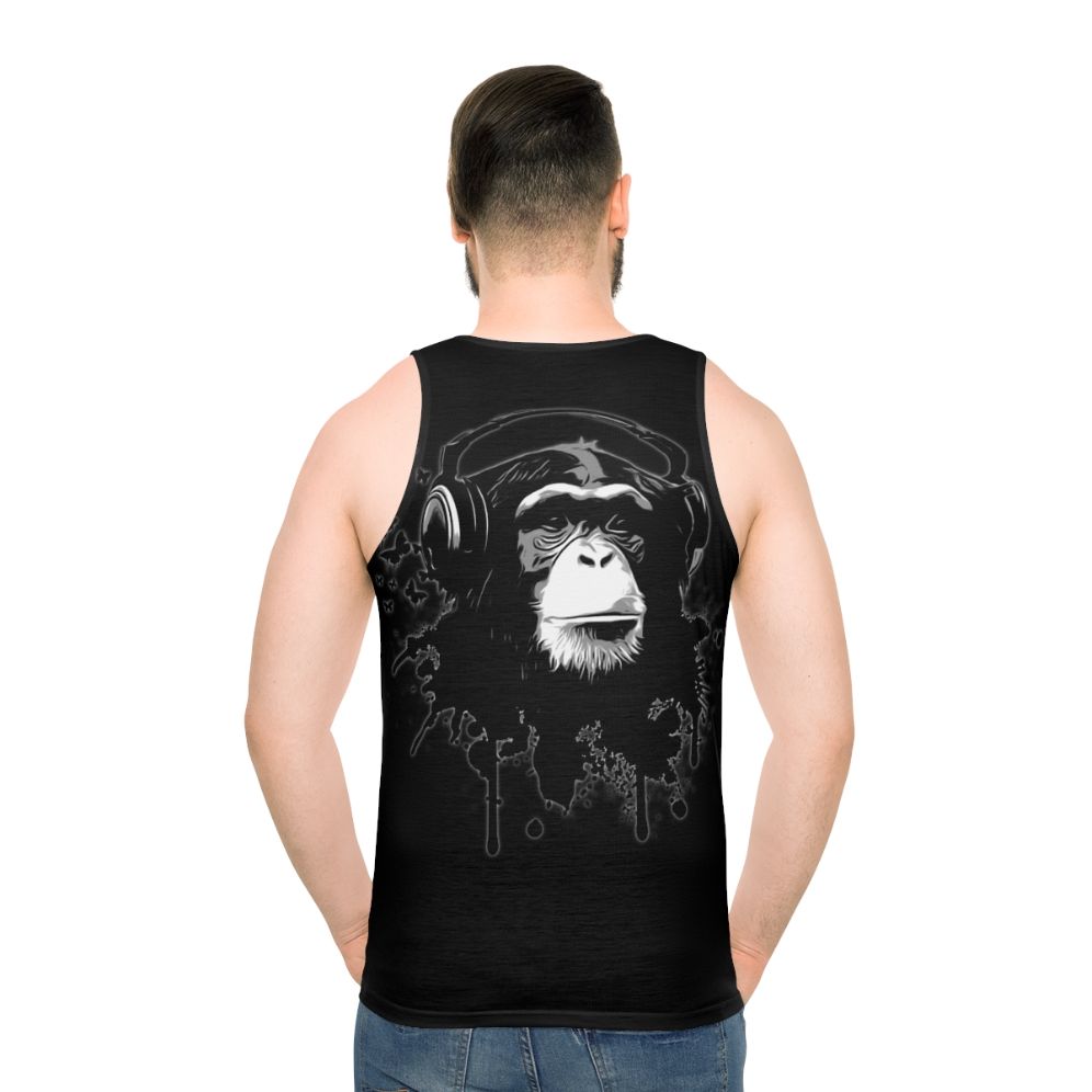 Monkey Business black unisex tank top with urban graffiti and butterfly design - men back