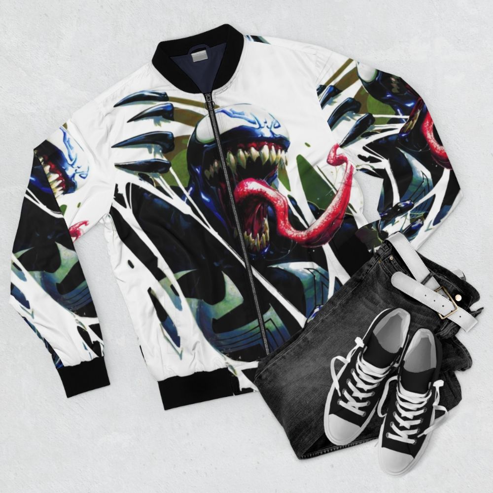 Venom and Carnage inspired bomber jacket with comic book graphics - Flat lay