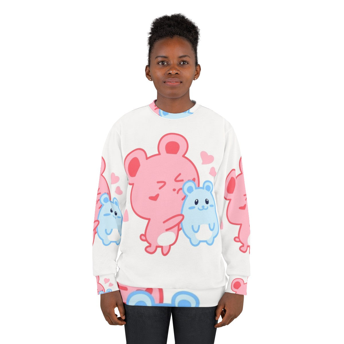 Two adorable hamsters printed on a pink and blue pastel sweatshirt - women