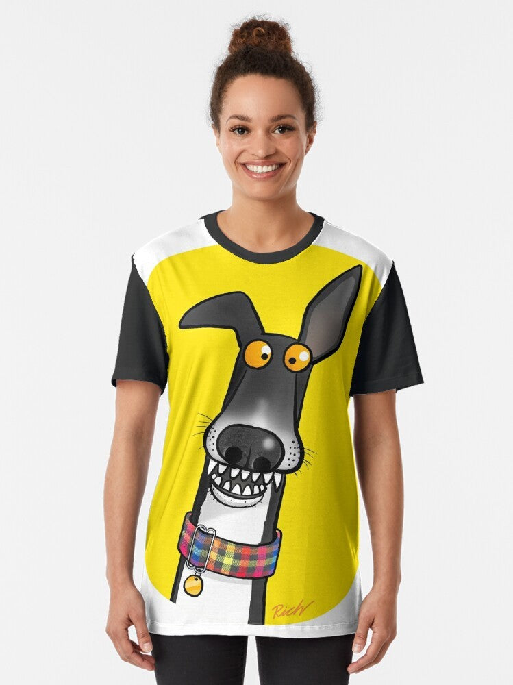 Graphic illustration of a greyhound, lurcher, and whippet with the text "Teefs!" on a t-shirt - Women