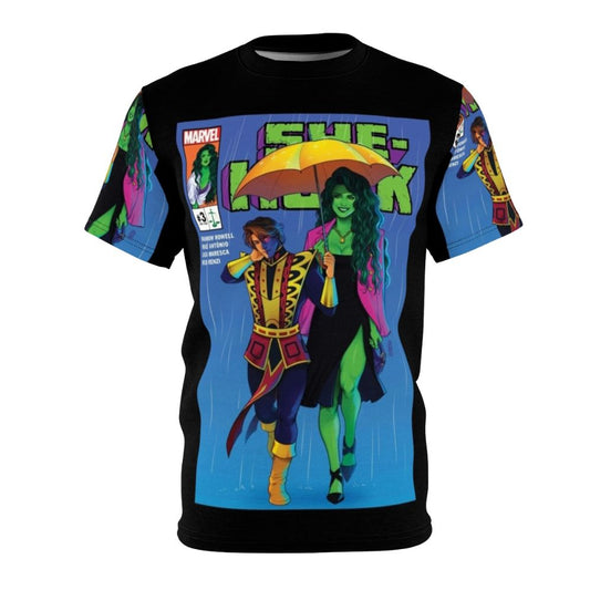 Vibrant graphic t-shirt featuring a green monster hero in an action-packed design