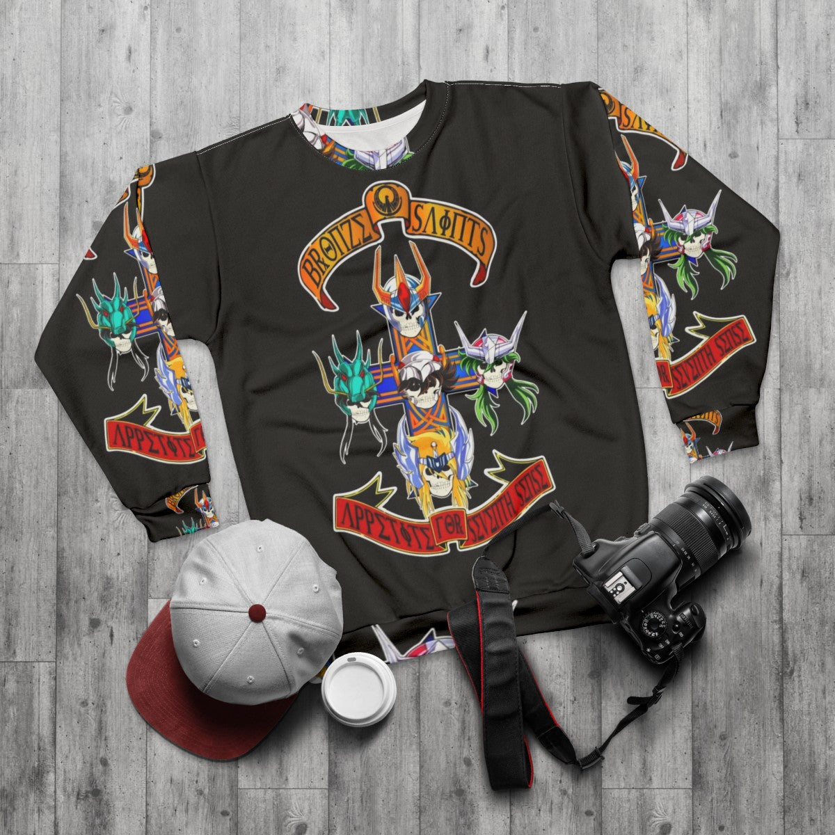 Saint Seiya anime-inspired sweatshirt with Zodiac Knights design - flat lay