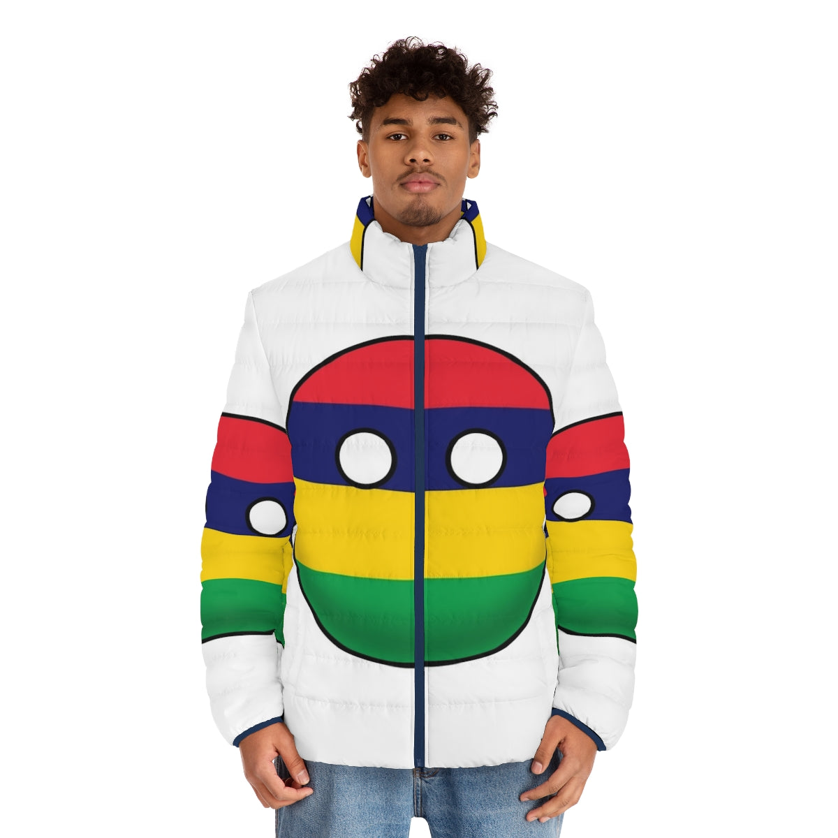 Mauritius Countryball Puffer Jacket featuring the iconic Mauritius flag design - men front