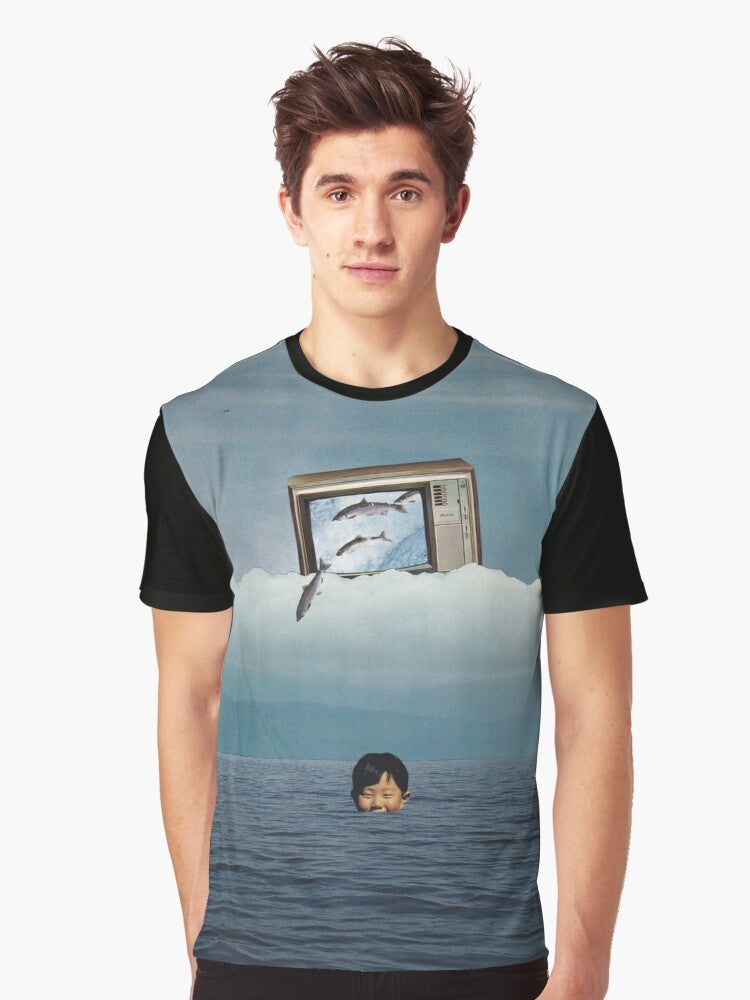 Surreal 3D television graphic t-shirt featuring a collage of nature and ocean life elements - Men