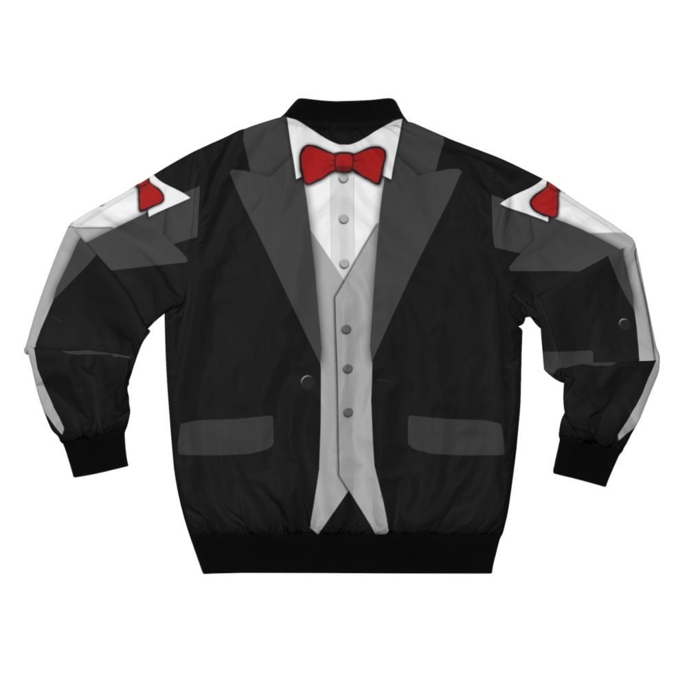 A black tuxedo-style bomber jacket with a red bow tie and vest - Back