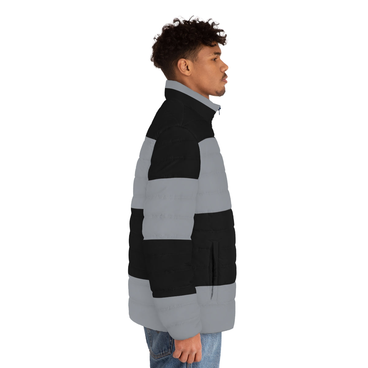 A black and grey horizontal striped puffer jacket, perfect for cold weather - men side right