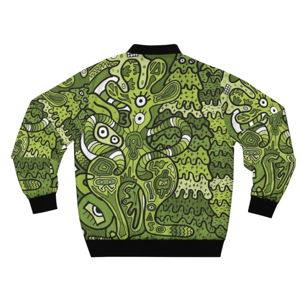 A vibrant bomber jacket featuring a doodle of a bouncing squid-like creature in various colors. - Back