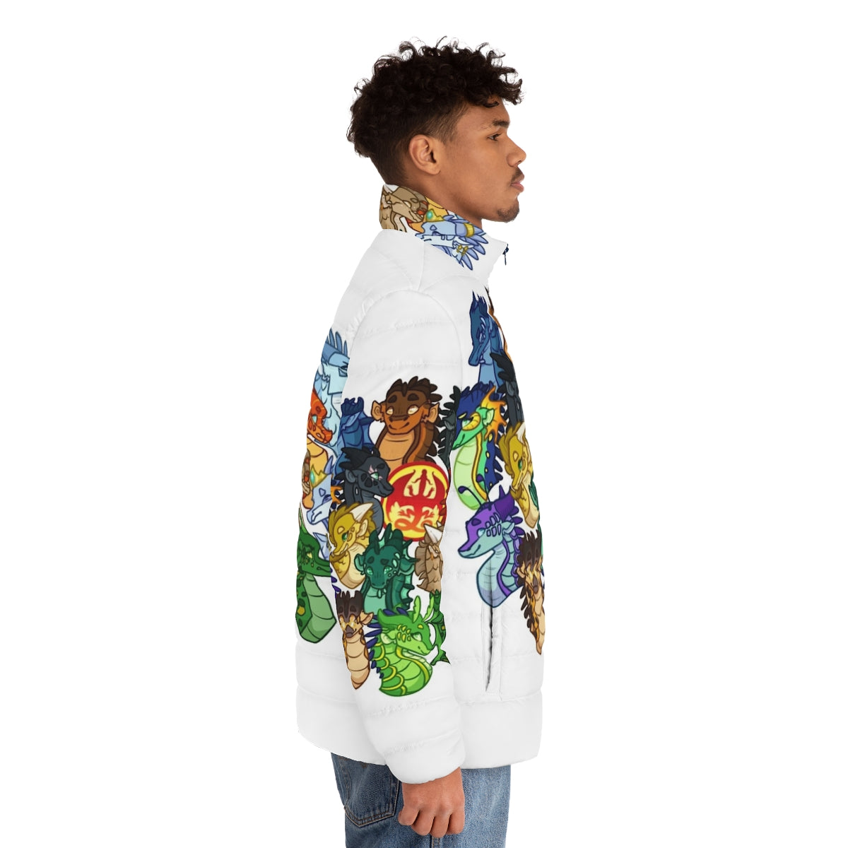 Wings of Fire Puffer Jacket featuring dragons and characters from the fantasy book series - men side right