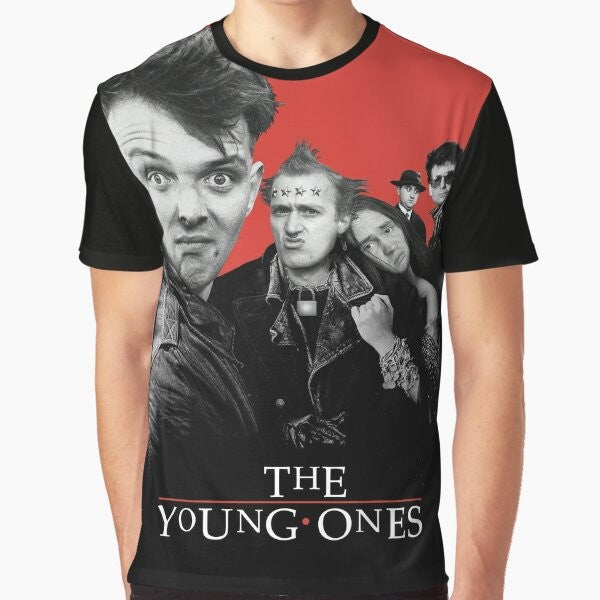 Retro The Young Ones graphic t-shirt featuring Rik Mayall and the cast of the 1980s comedy series