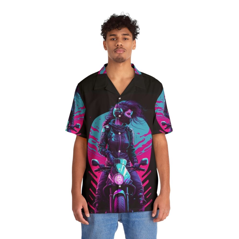 Neon 80s synthwave biker girl hawaiian shirt - Lifestyle