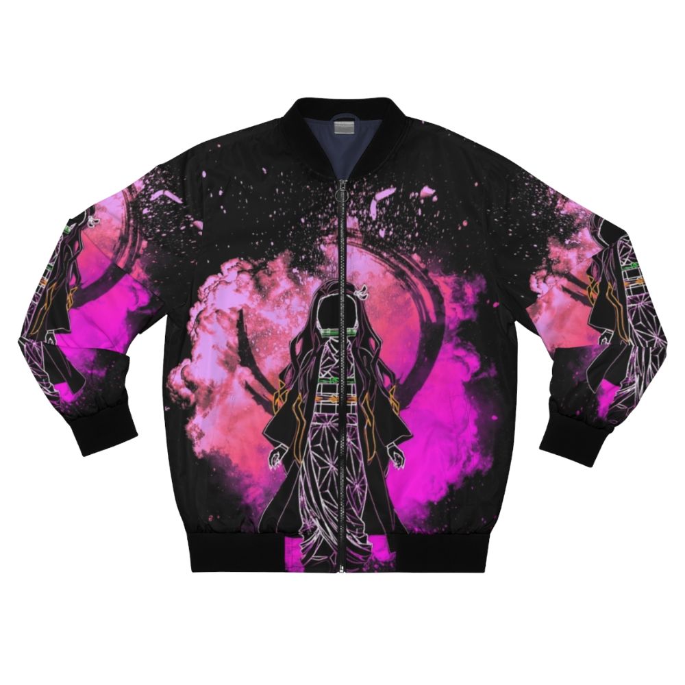 Demon Slayer inspired anime bomber jacket with colorful abstract silhouette design