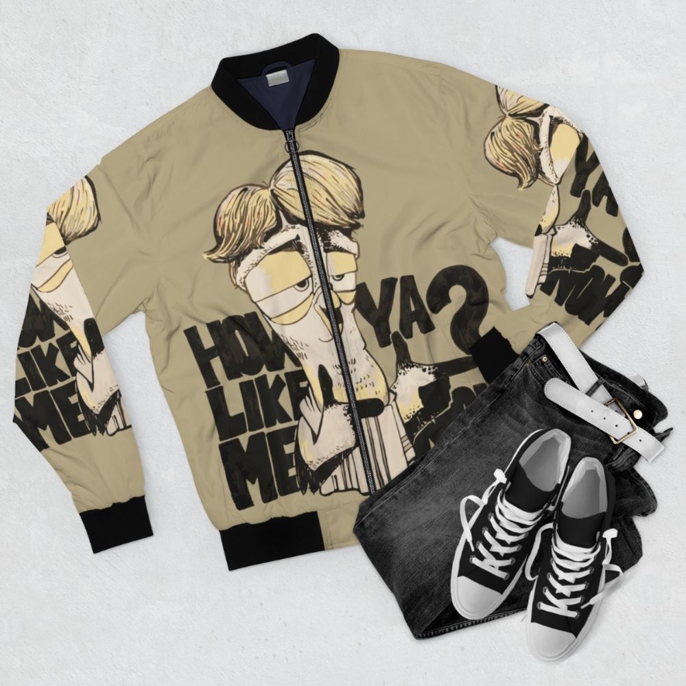 Bomber jacket with a cool, animated bird design - Flat lay