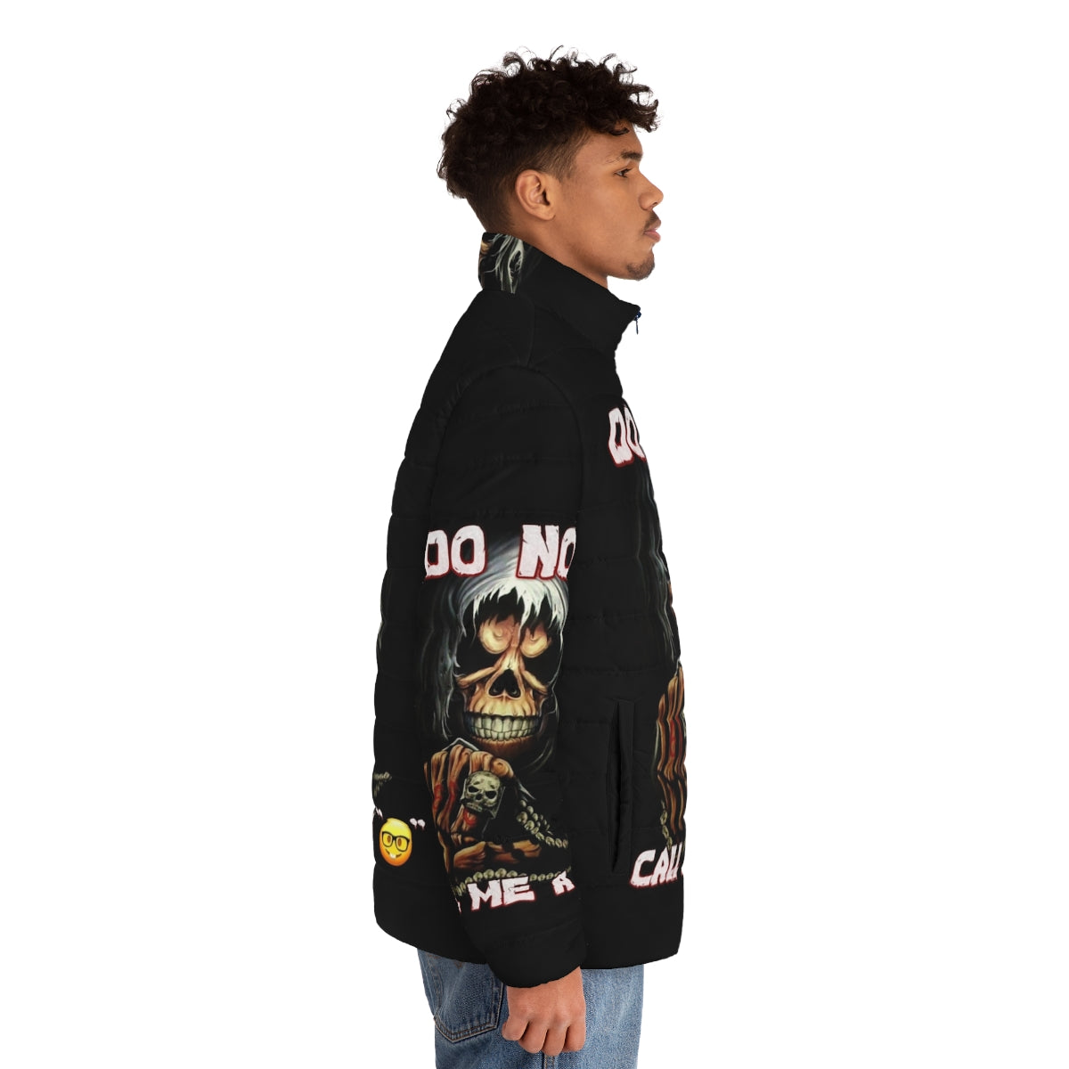 A puffer jacket with a skull design, representing the subversive and rebellious nature of the product. - men side right