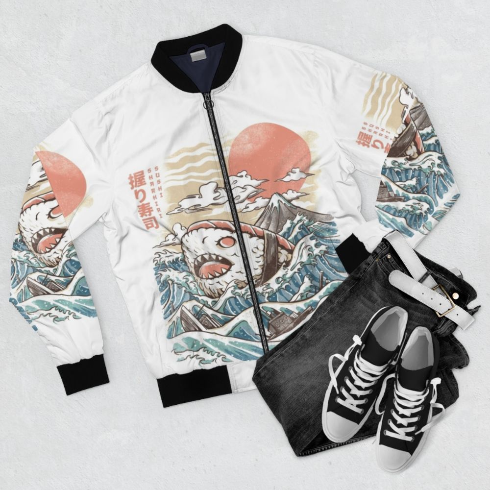 Sharkiri Sushi Anime Bomber Jacket with Shark, Sashimi, and Japanese Wave Patterns - Flat lay