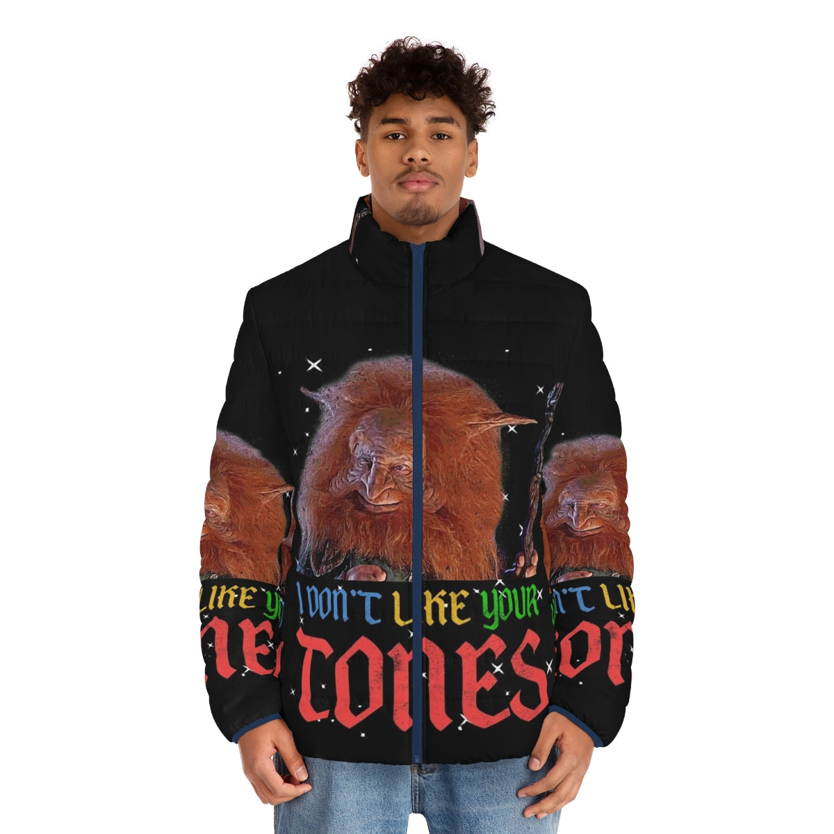 Vibrant 80s "I Don't Like Your Tone" puffer jacket inspired by Masters of the Universe - men front