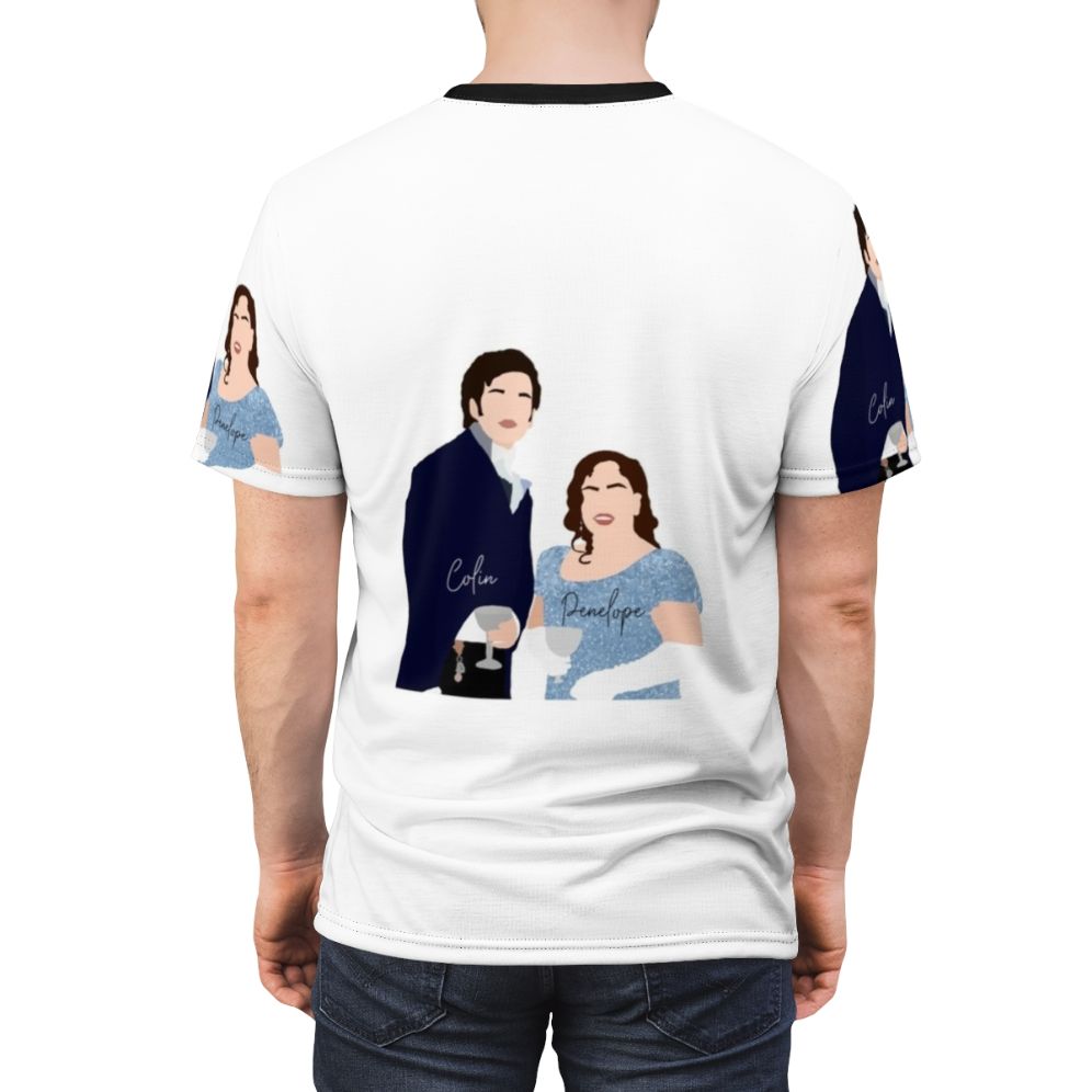 Bridgerton inspired AOP t-shirt featuring Penelope Featherington and Colin Bridgerton smiling - men back