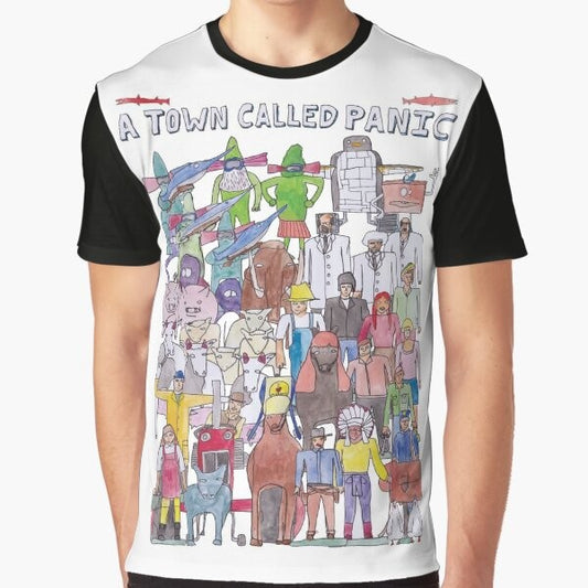 A Town Called Panic Team Illustration Graphic T-Shirt featuring all the characters from the popular French animated film