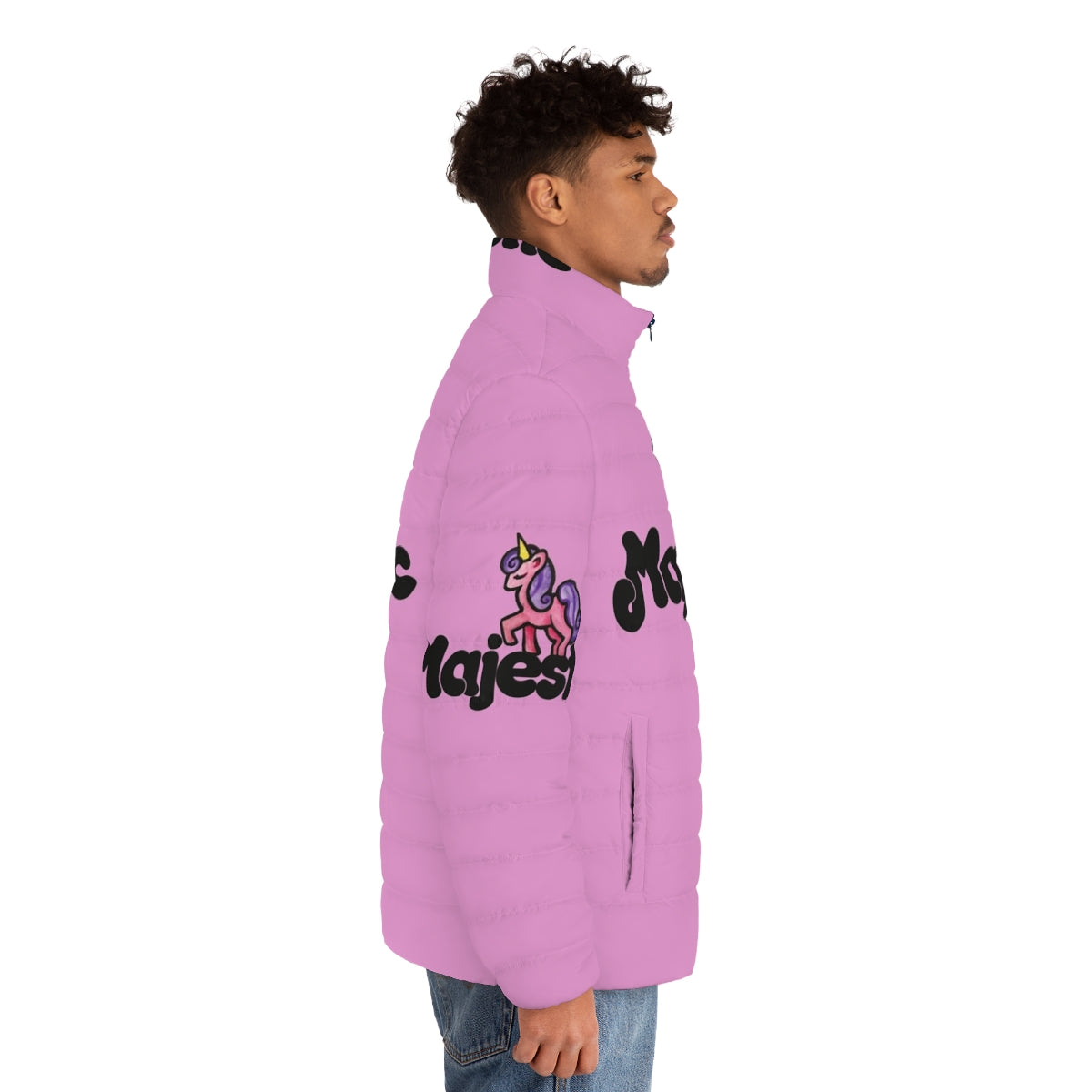 Majestic unicorn puffer jacket in a vibrant pink color with a whimsical unicorn design - men side right