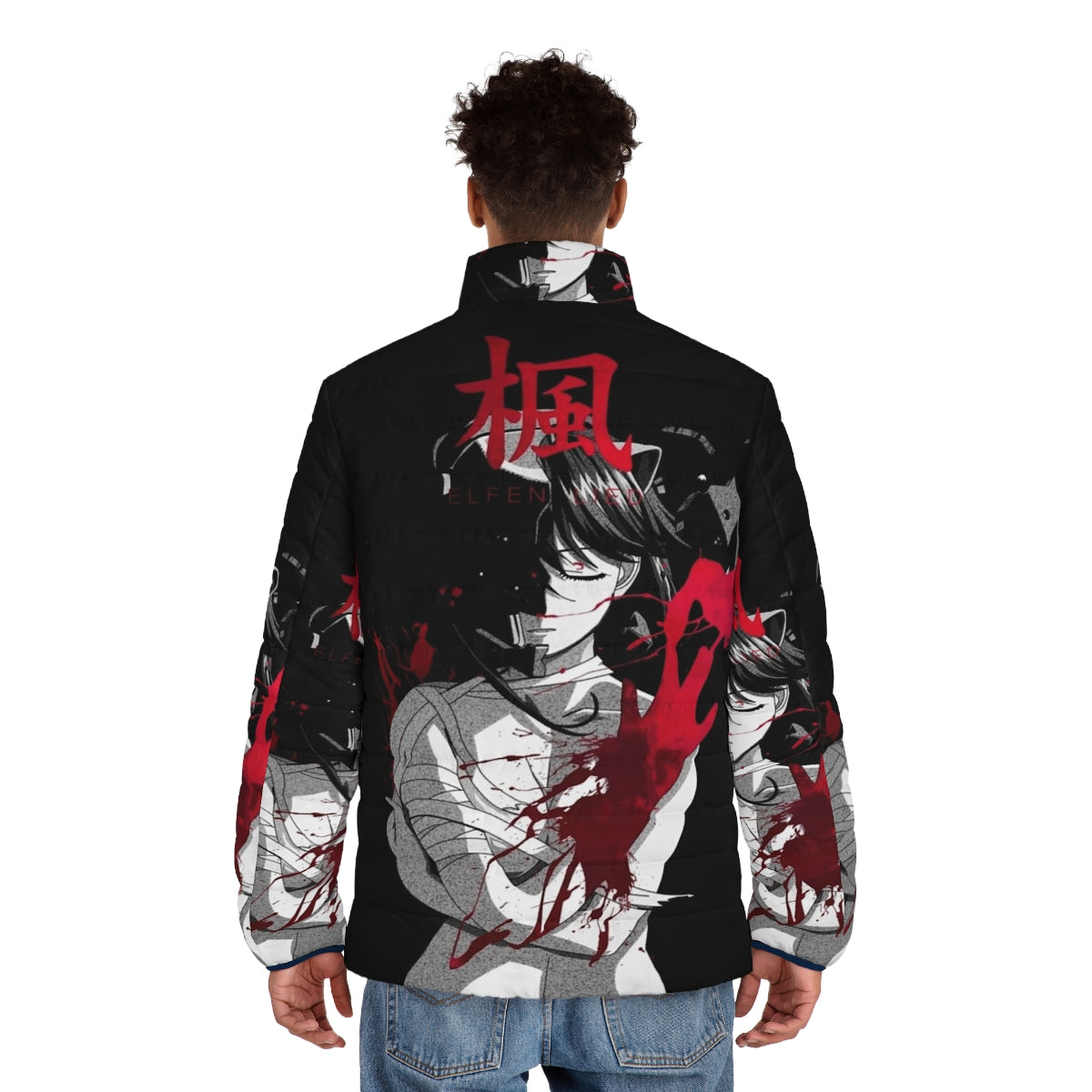 Dark puffer jacket with anime-inspired design - men back