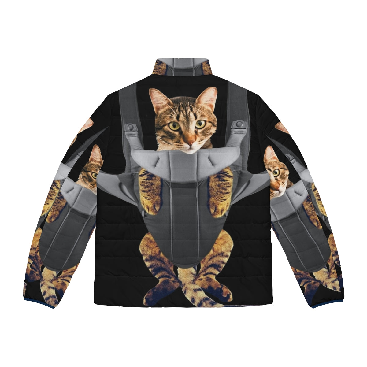 A tabby cat peeking out of a puffer jacket designed to look like a baby carrier. - Back