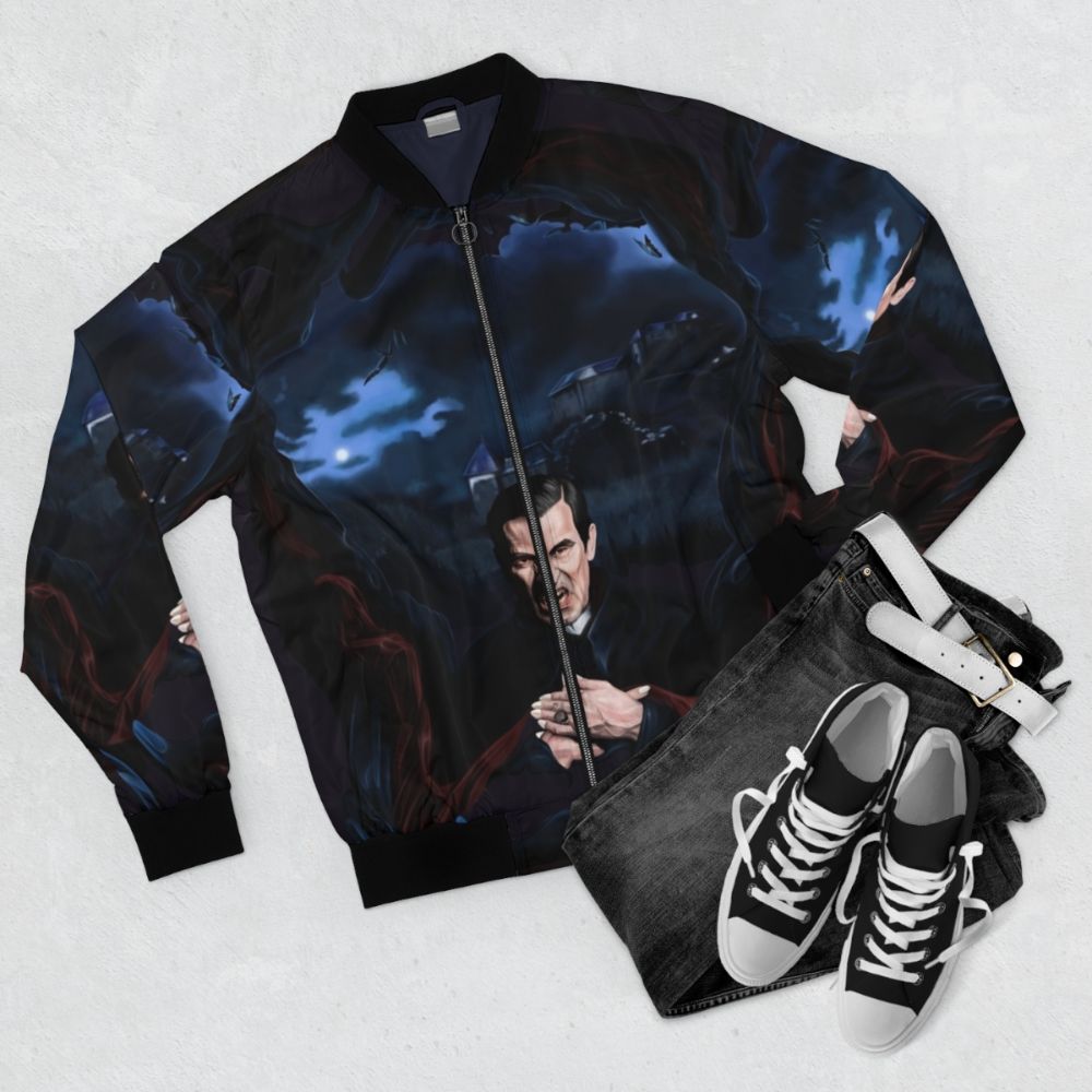 Dracula Claes Bang BBC 2020 Bomber Jacket featuring a dark gothic design with vampire and bat motifs - Flat lay