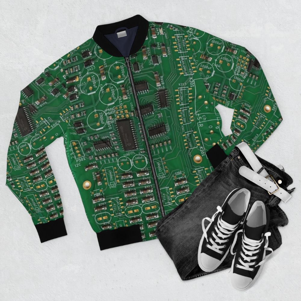 Vintage PCB Printed Circuit Board Bomber Jacket with retro and classic electronics design - Flat lay